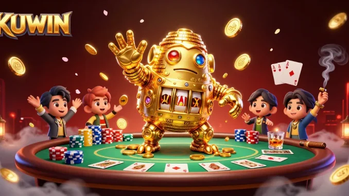 Engage with KUWIN's thrilling gambling adventure featuring a dynamic golden golem and card game elements.