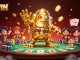 Engage with KUWIN's thrilling gambling adventure featuring a dynamic golden golem and card game elements.