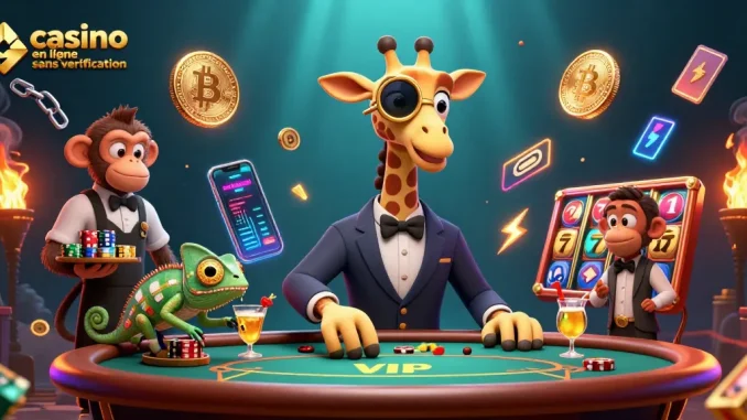 Visitez le casino en ligne sans vérification avec des personnages ludiques et des éléments crypto scintillants.