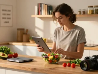 Bright kitchen with person using the best food tracker while preparing a healthy meal