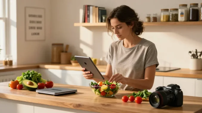 Bright kitchen with person using the best food tracker while preparing a healthy meal