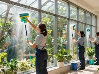 Professionelle Wintergartenreinigung durch erfahrene Reinigungscrew in einem hellen und einladenden Wintergarten.