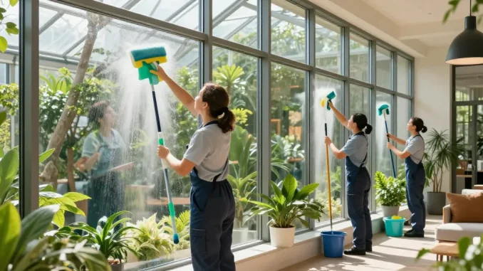 Professionelle Wintergartenreinigung durch erfahrene Reinigungscrew in einem hellen und einladenden Wintergarten.