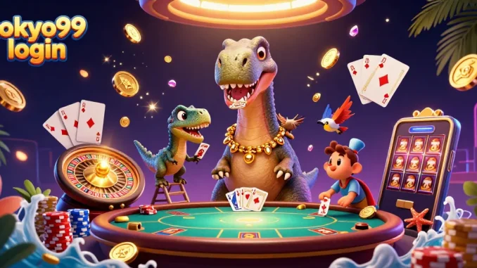 Permainan seru di TOKYO99 login, brontosaurus besar di kasino mengawasi meja poker dengan koin emas melimpah.