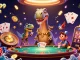 Permainan seru di TOKYO99 login, brontosaurus besar di kasino mengawasi meja poker dengan koin emas melimpah.
