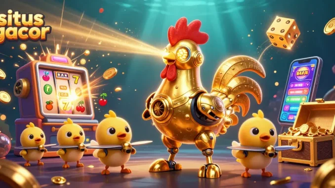Engage with situs gacor as the golden rooster robot unleashes laser beams amidst a jackpot explosion.
