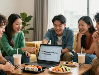 Friends enjoying Asian culture content on https://hanadultalk.com in a cozy living room.