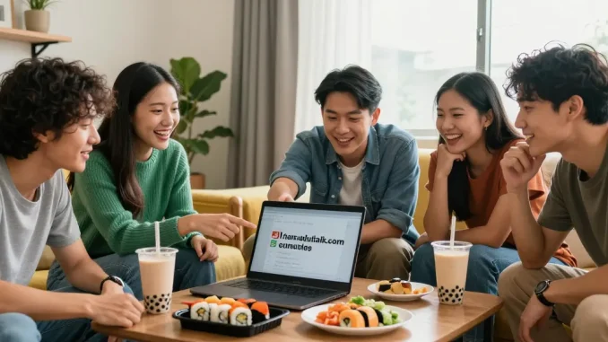 Friends enjoying Asian culture content on https://hanadultalk.com in a cozy living room.