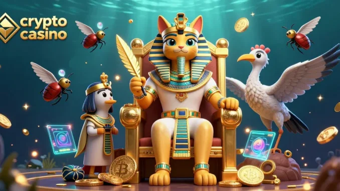 Scène dynamique d'un crypto casino avec un pharaon chat et des éléments de blockchain, des pièces d'or et des plumes.