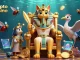 Scène dynamique d'un crypto casino avec un pharaon chat et des éléments de blockchain, des pièces d'or et des plumes.