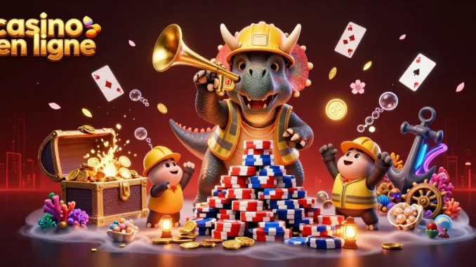 Illustration dynamique célébrant le casino en ligne avec un triceratops et des jetons de poker.