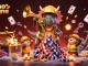 Illustration dynamique célébrant le casino en ligne avec un triceratops et des jetons de poker.