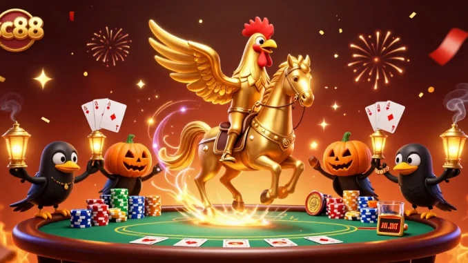 Engage with sc88 in this magical casino scene featuring a golden rooster and friends.