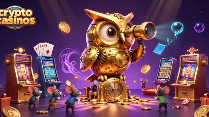 Explorez les crypto casinos avec un hibou doré et des éléments de jeu colorés