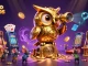 Explorez les crypto casinos avec un hibou doré et des éléments de jeu colorés