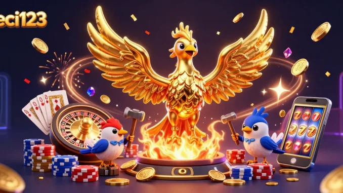Engage with leci123's thrilling games as golden coins cascade and a phoenix emerges, showcasing online casino excitement.