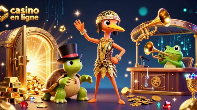 Explorez un casino en ligne avec une illustration dynamique, comprenant des symboles de jeu captivants.