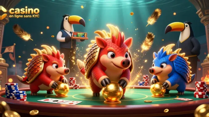 Jouez au casino en ligne sans KYC avec des pangolins rivaux et des jetons de poker à travers une scène dynamique.