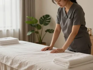Comfortable indoor 종로출장마사지 setup with a therapist preparing oils.