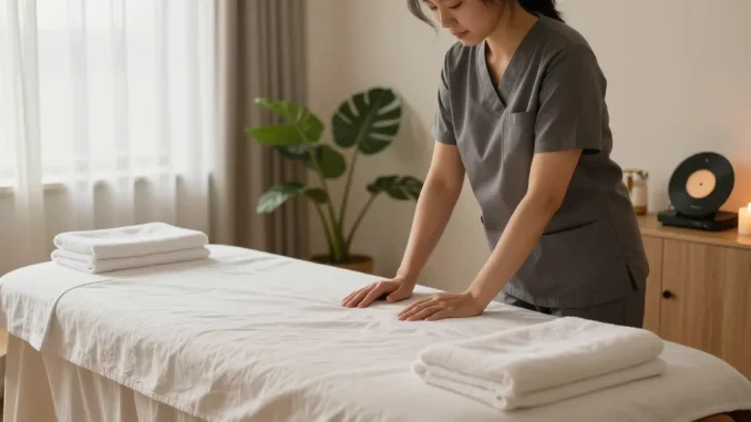 Comfortable indoor 종로출장마사지 setup with a therapist preparing oils.