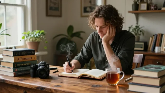 T Allen Greenfield immersed in writing at his desk, with stacks of books including UFOnauts, captured for https://tallengreenfield.com.