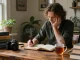 T Allen Greenfield immersed in writing at his desk, with stacks of books including UFOnauts, captured for https://tallengreenfield.com.