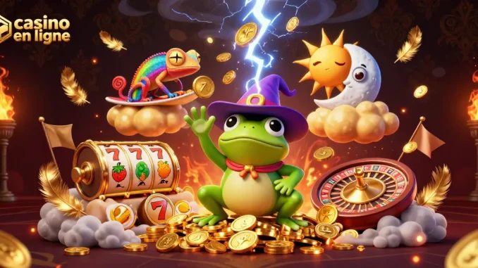 Le casino en ligne offre des aventures palpitantes avec un sorcier grenouille et un caméléon sur des nuages dorés.