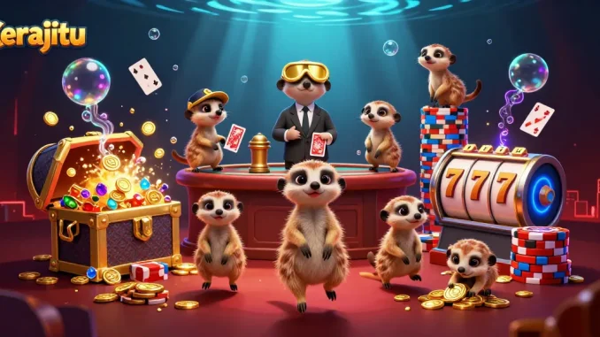 Experience kerajitu in a vibrant gaming scene with meerkats managing slot machines and cards.
