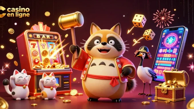 Vivez l'excitation des jeux de casino en ligne avec ce tanuki chanceux et ses amis.