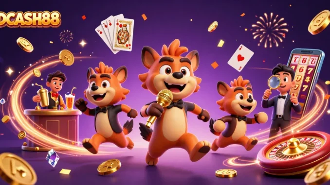 Engaging scene with IDCASH88 logo showcasing animated hyenas in a vibrant casino atmosphere.