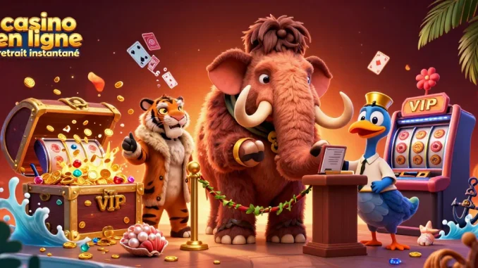 Profitez de l'illustration vibrante d'un casino en ligne retrait instantané avec des personnages animés et des machines à sous étincelantes.