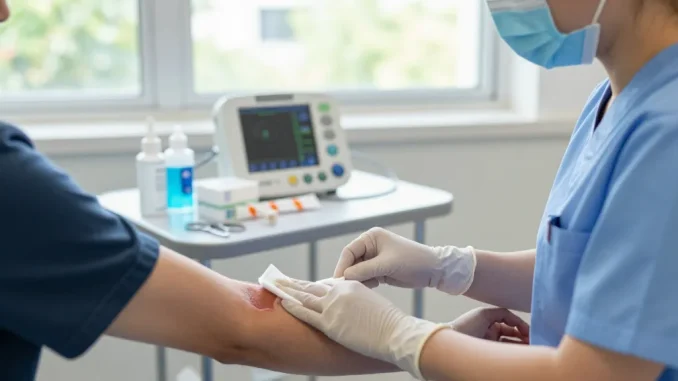 Patient receiving treatment with medical gauze in a healthcare setting, showcasing compassionate care and professionalism.