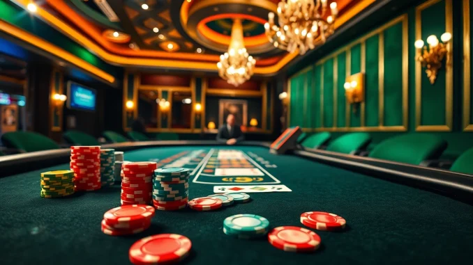 Menangkan permainan oja89 dengan meja kasino yang mewah dan chip berwarna-warni.