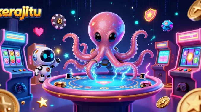Kerajitu mengoperasikan meja poker holografis berputar dengan alien kartun dan robot teman yang energik.