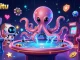 Kerajitu mengoperasikan meja poker holografis berputar dengan alien kartun dan robot teman yang energik.