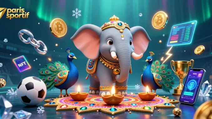 Paris sportif en action avec un éléphant diwali et un paon, décorés d'éléments colorés.
