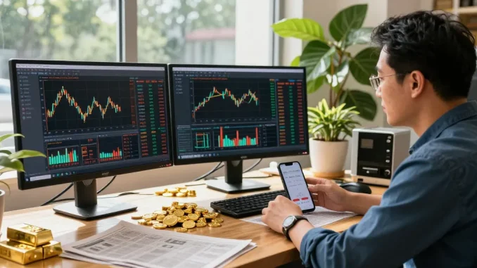 Analyse des prix du cours de l'or par un trader professionnel dans un environnement lumineux et dynamique.