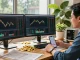 Analyse des prix du cours de l'or par un trader professionnel dans un environnement lumineux et dynamique.