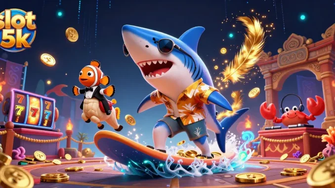 Experience thrilling gameplay with slot 5k as characters surf on coins amidst action-packed casino elements.