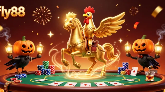Exciting gameplay at fly88 depicted with a golden rooster and casino elements in a vibrant scene.