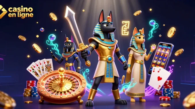 Découvrez les aventures au casino en ligne avec Anubis et Bastet, entourés de gains virtuels éclatants.