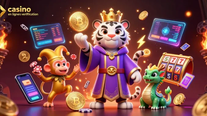 Jouer au casino en ligne sans vérification avec une illustration dynamique d'un tigre, un singe et un dragon.