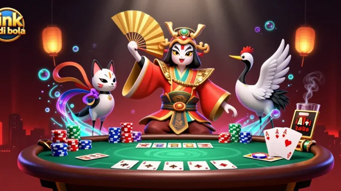 Mengalami keseruan link judi bola dengan karakter kabuki dan elemen kasino yang berwarna-warni dalam ilustrasi 3D.