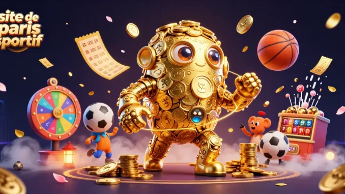 Pariez sur le site de paris sportif avec ce golem en or, entouré d'éléments de jeu dynamiques.