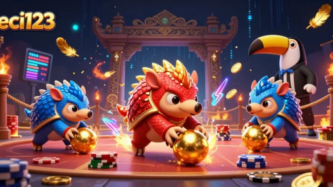 Experience exciting gameplay at leci123 with vibrant pangolins competing amidst poker chips.
