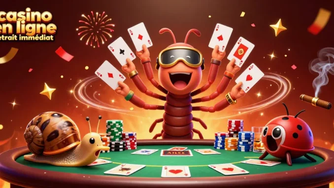 Jouez au casino en ligne retrait immédiat avec ce millipède dealer et ses cartes éclatantes entouré de jetons colorés.