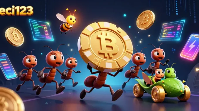 Engage with leci123's vibrant gambling visuals featuring ants in a playful heist with golden poker chips.