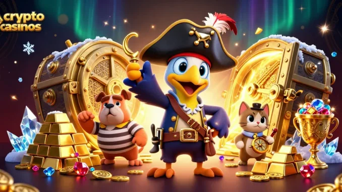 Les crypto casinos offrent des trésors avec un pirate, un bulldog et un chat, entourés de richesses.