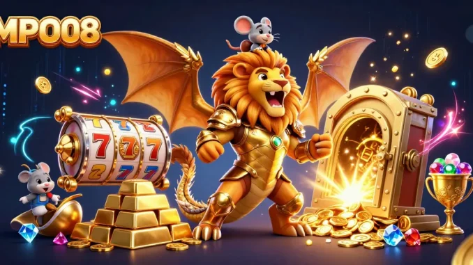 MPO08 casino adventure featuring a golden chimera and treasure elements, illustrating exciting gaming experiences.