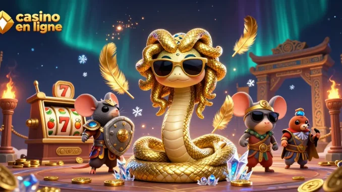 Visuelle festive de casino en ligne avec Méduse et une souris guerrière au milieu de pièces d'or et de machines à sous.